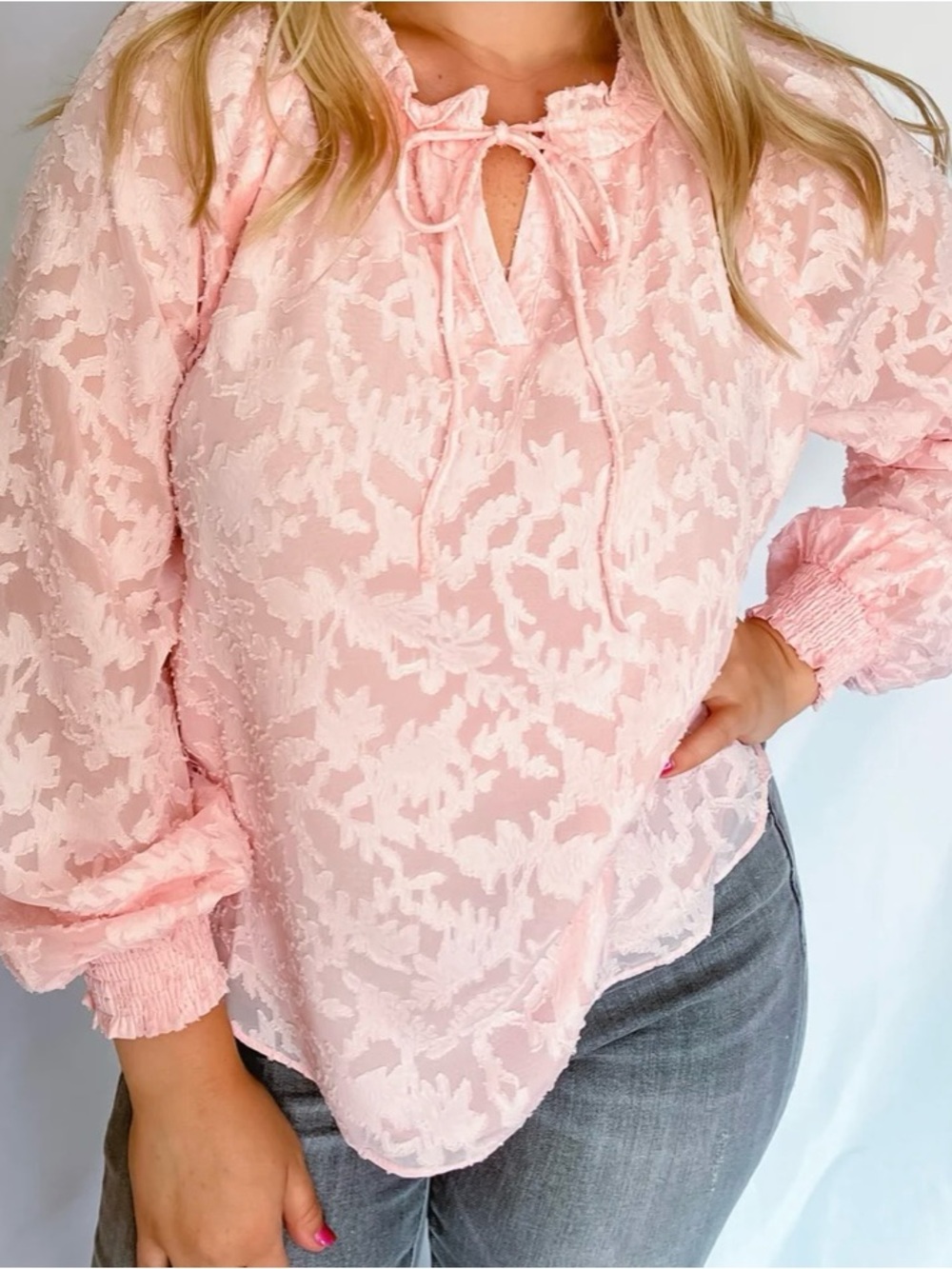 Kori Light Pink Lace-Texture Peasant Blouse